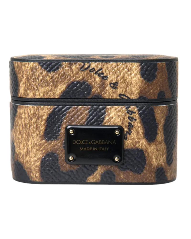 Dolce & Gabbana Women's Brown Leopard Calf Leather Metal Logo Plaque Airpods Case Accessory Brown