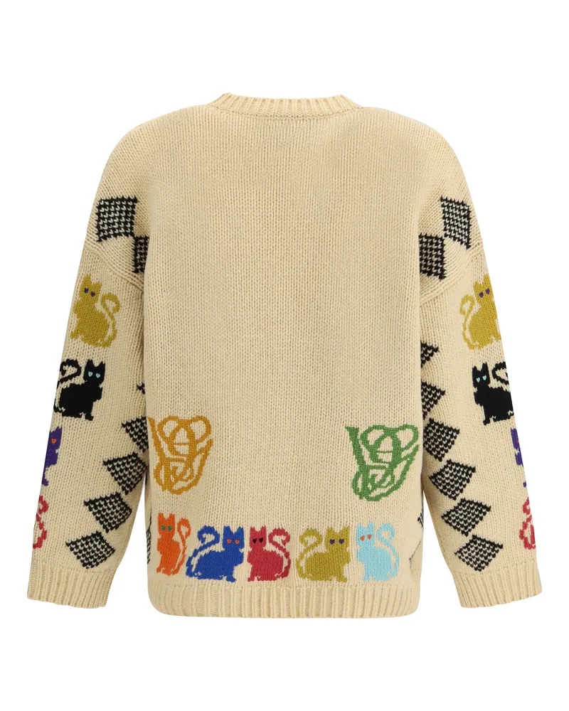 Valentino Garavani Men's Cardigan With Le Chat De La Maison Jacquard Motif Multicolor. Fleece Wool Sweater Beige