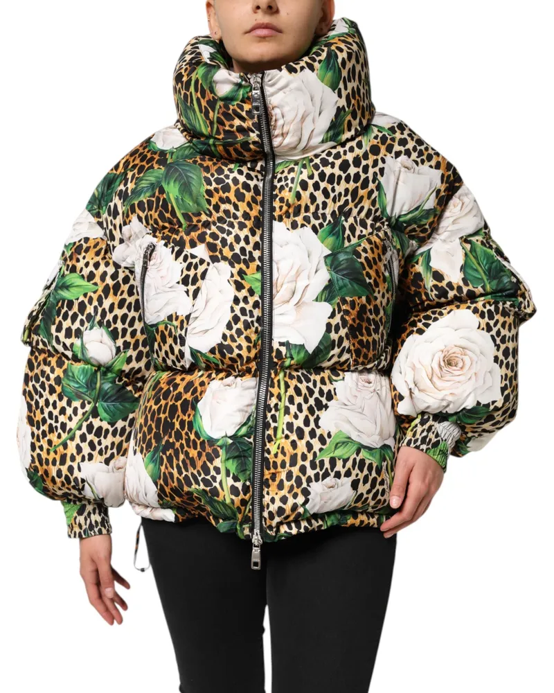 Dolce & Gabbana Women Multicolor Leopard Rose Puffer Quilted Jacket Polyester Clothing Multicolor