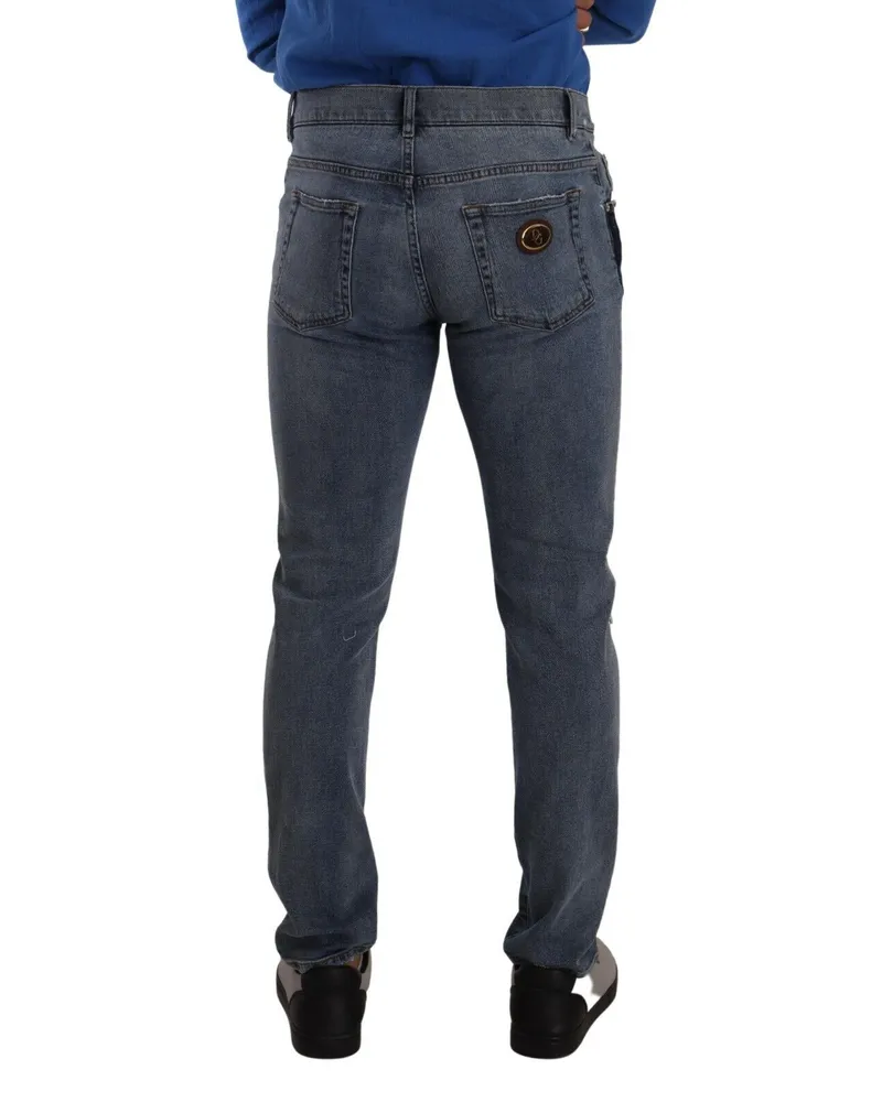 Dolce & Gabbana Men's Blue Two Tone Tattered Cotton Slim Denim Jeans Elastane Clothing Blue