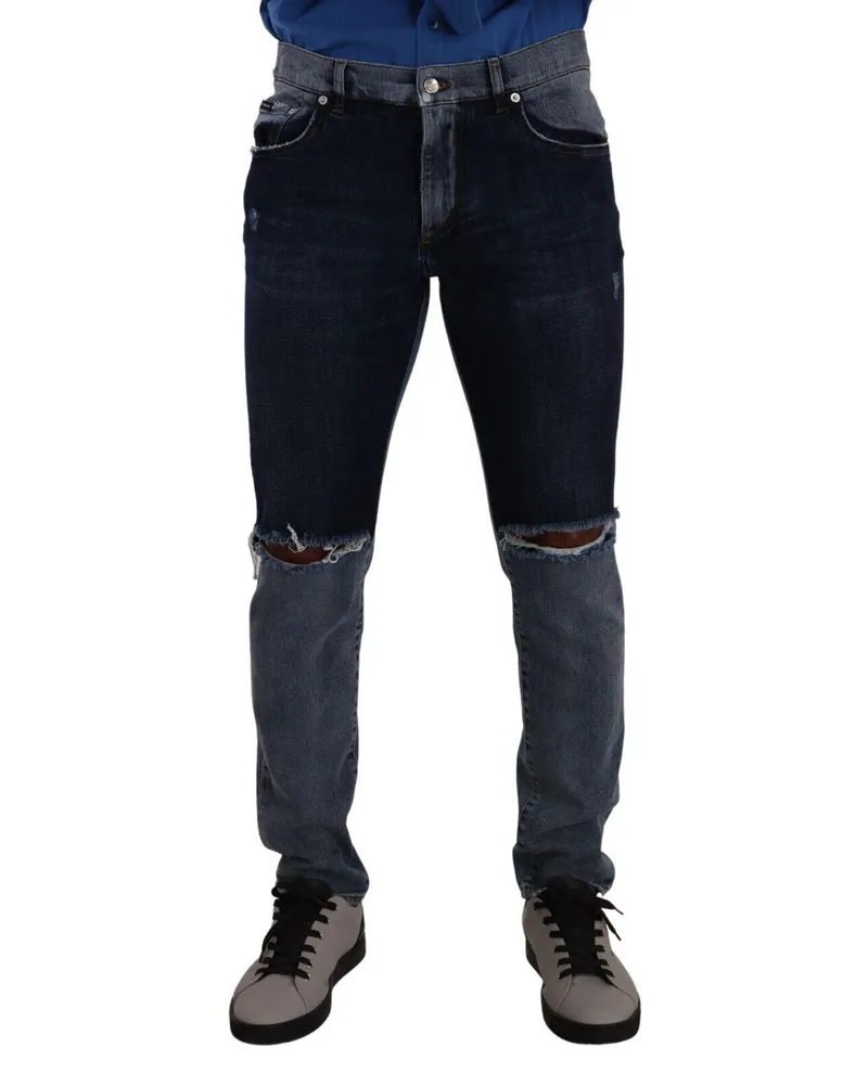 Dolce & Gabbana Two-Tone Tattered Denim Jeans — Blue Blue