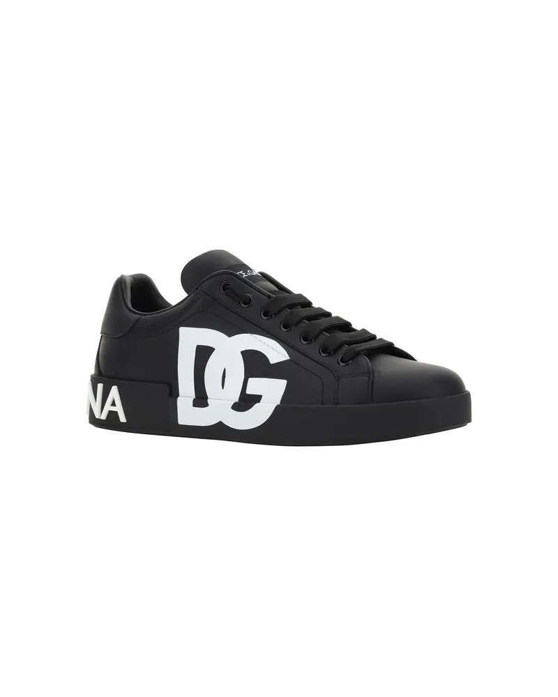 Dolce & Gabbana Logo-Embroidered Leather Sneaker — Black Black