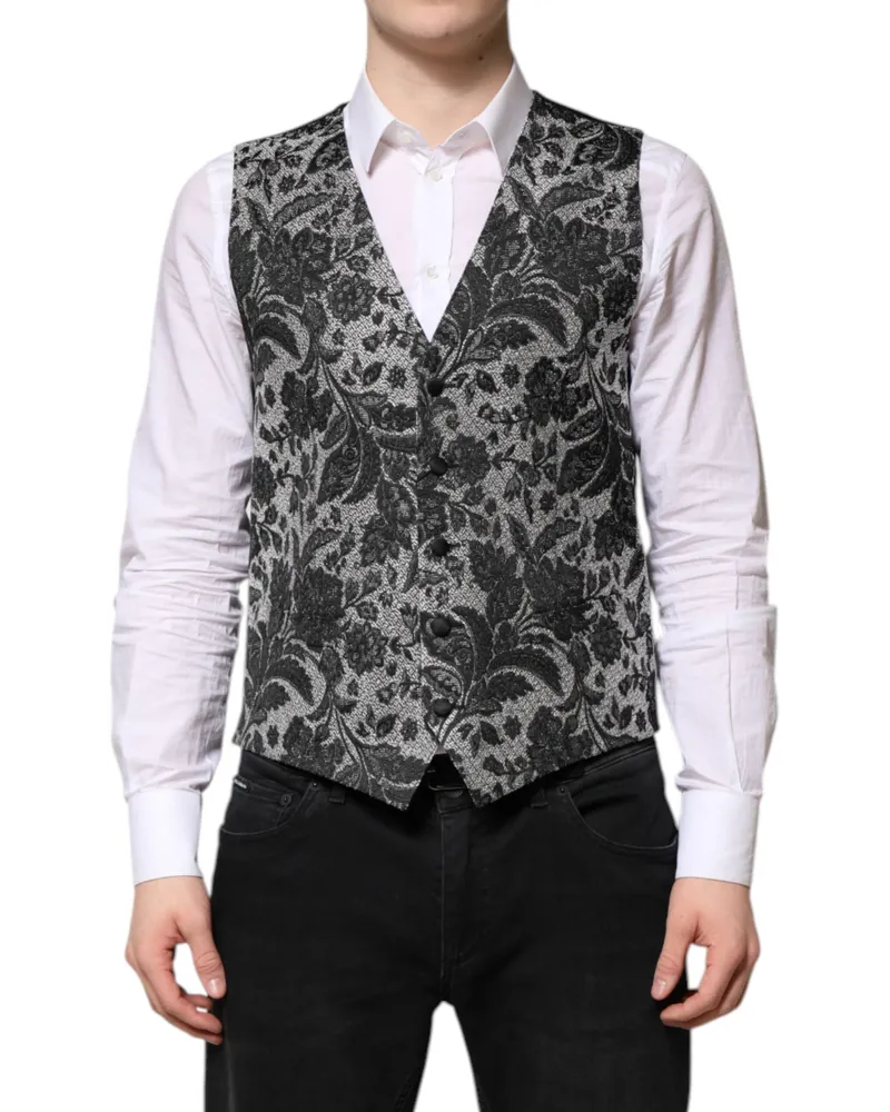 Dolce & Gabbana Black Gray Brocade Formal Men Waistcoat Vest And Clothing Black