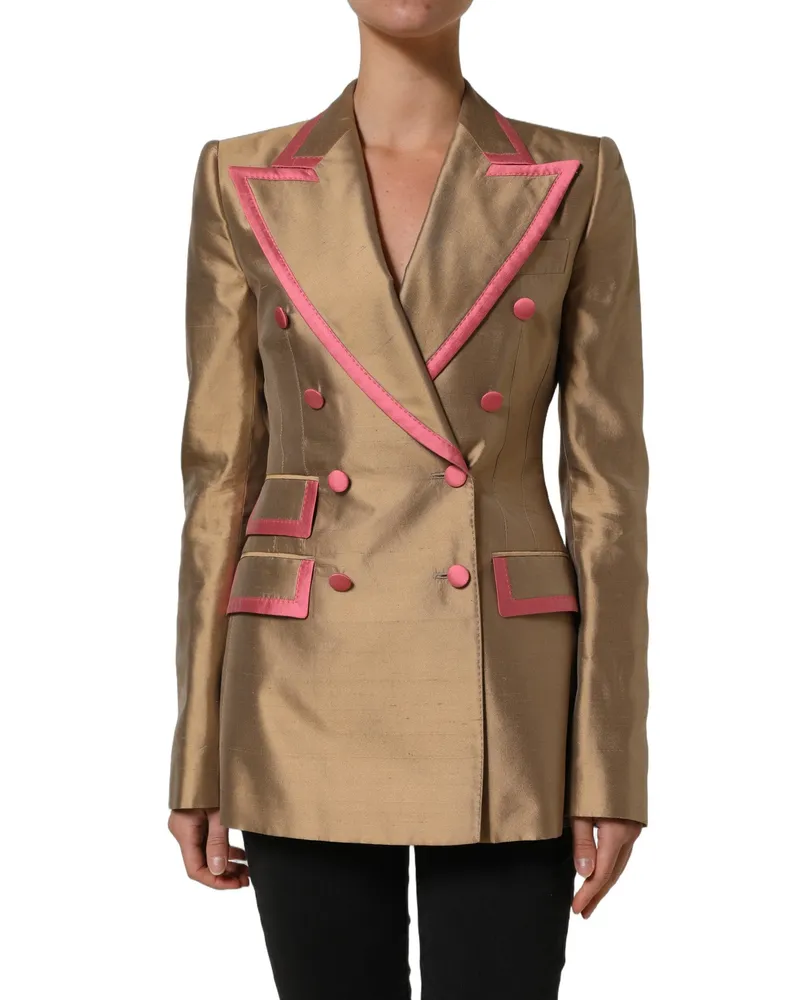 Dolce & Gabbana Women Gold Silk Double Breasted Coat Blazer Jacket And Pink External Clothing Gold