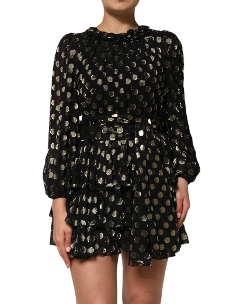 Dolce & Gabbana Women Black Gold Polka Dot Silk Brocade Mini Dress With Fiber Metallization Black