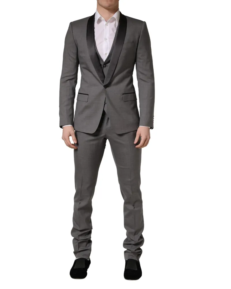 Dolce & Gabbana Men Gray Wool Single Breasted 1 Button 3pc Suit Polyester Silk Virgin Gray
