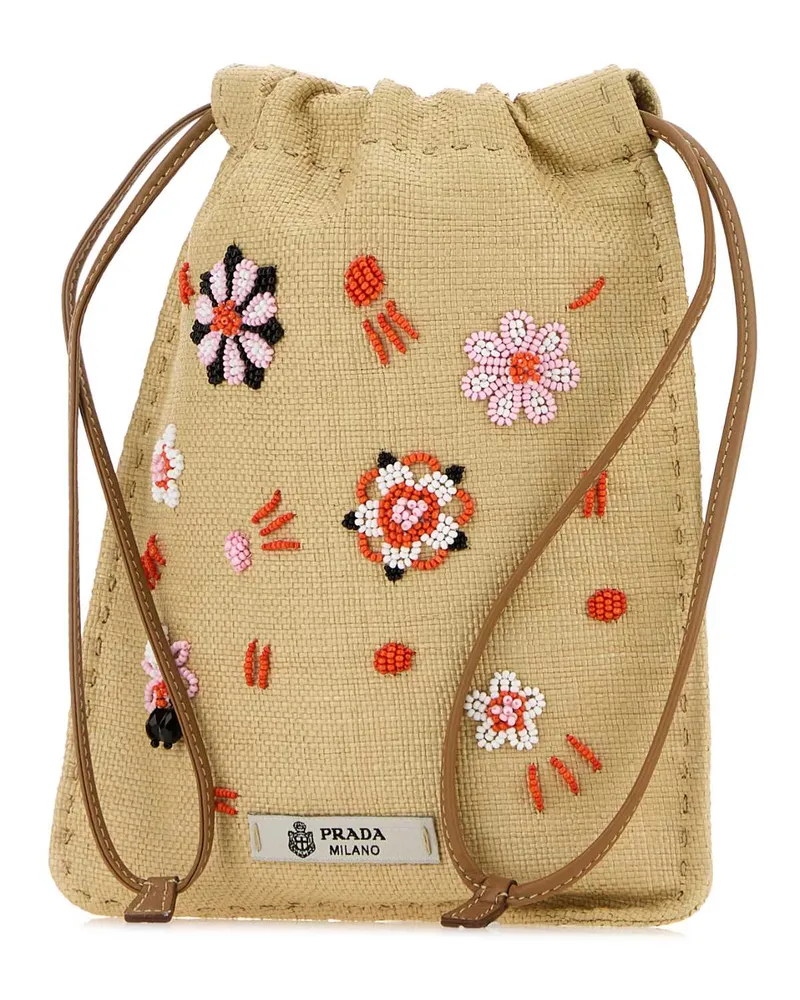 Prada Women's Beige Canvas Phone Holder Naturale+rosso Cover Accessory Beige