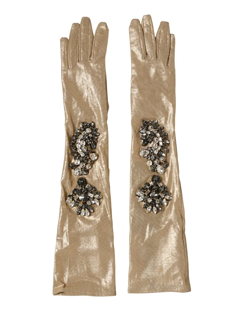 Dolce & Gabbana Women Beige Satin Crystal Elbow Length Mitten Gloves 02+pa Beige