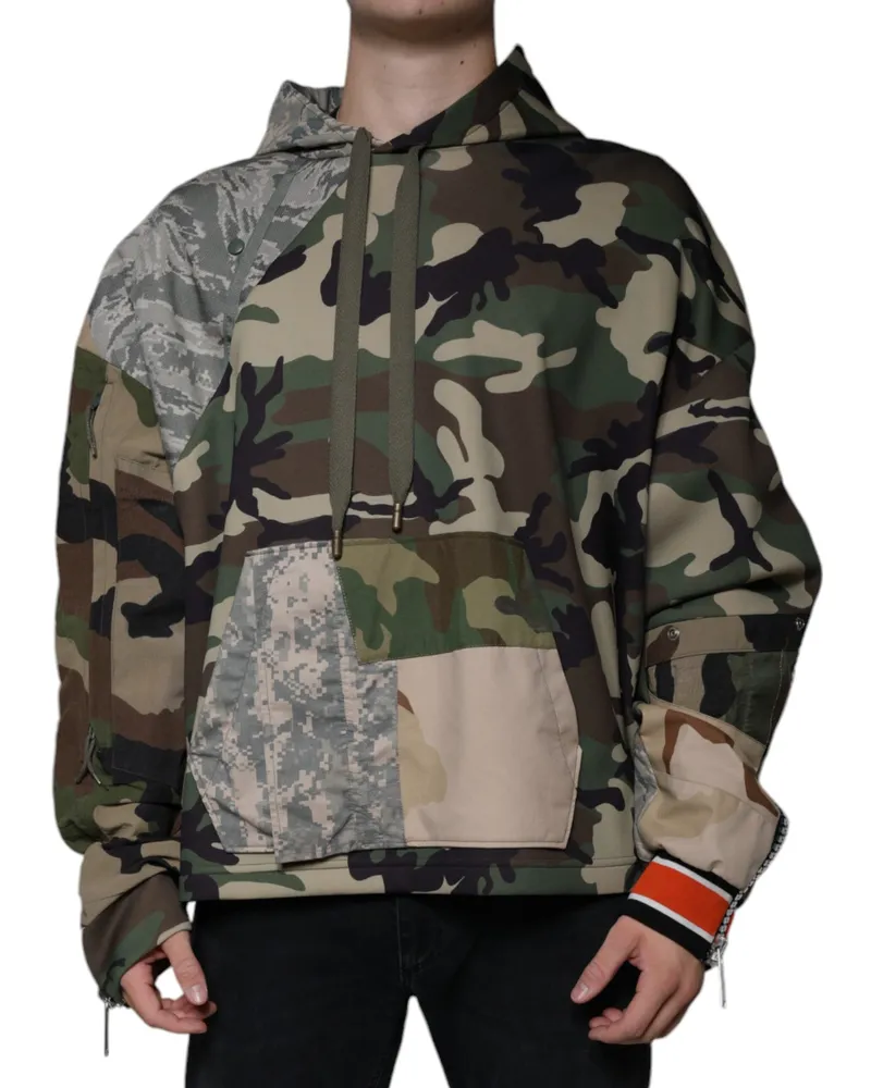 Dolce & Gabbana Men's Multicolor Camouflage Hooded Sweatshirt Sweater Polyester Cotton Elastane Clothing Green