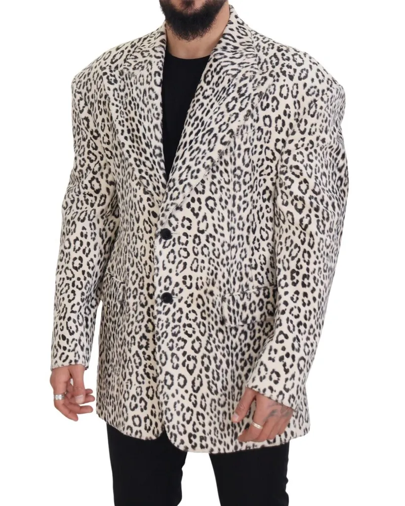 Dolce & Gabbana Men's White Leopard Single Breasted Coat Blazer Cotton Elastane Clothing White