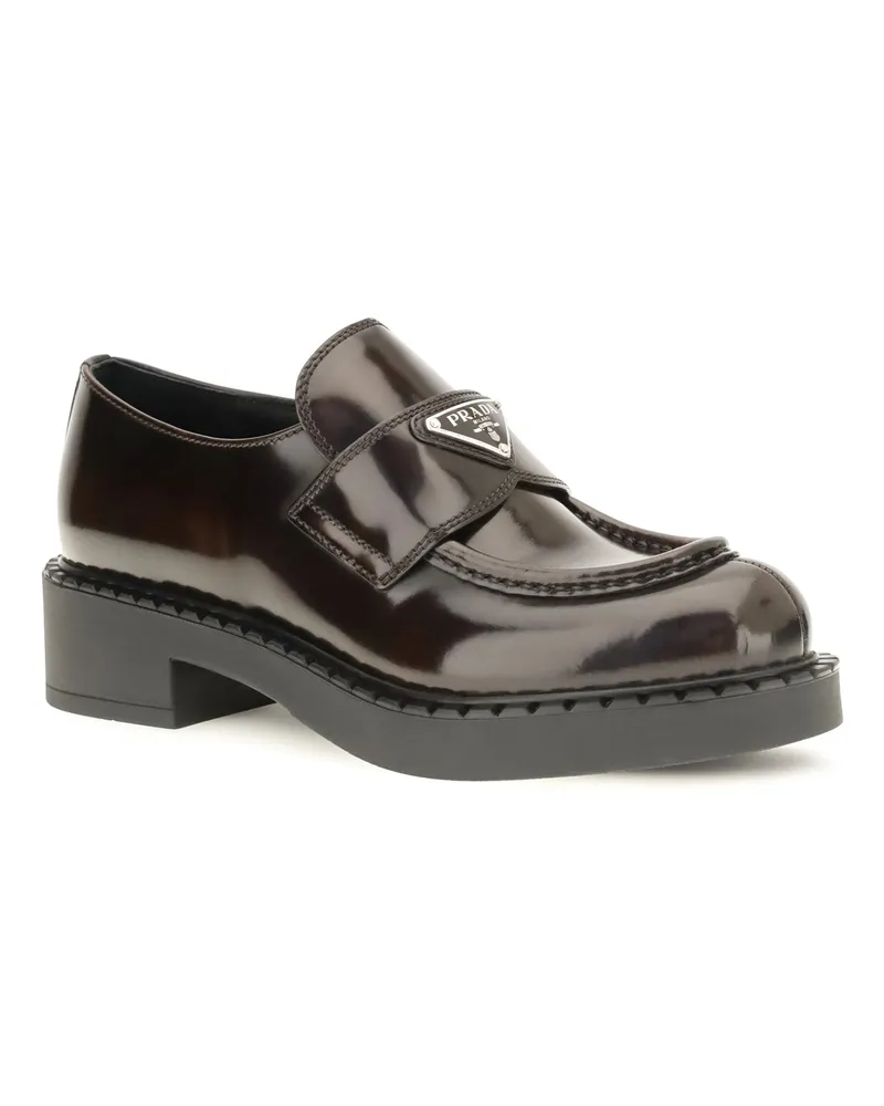 Prada Women's Leather Logo Loafers Bruciato Brown