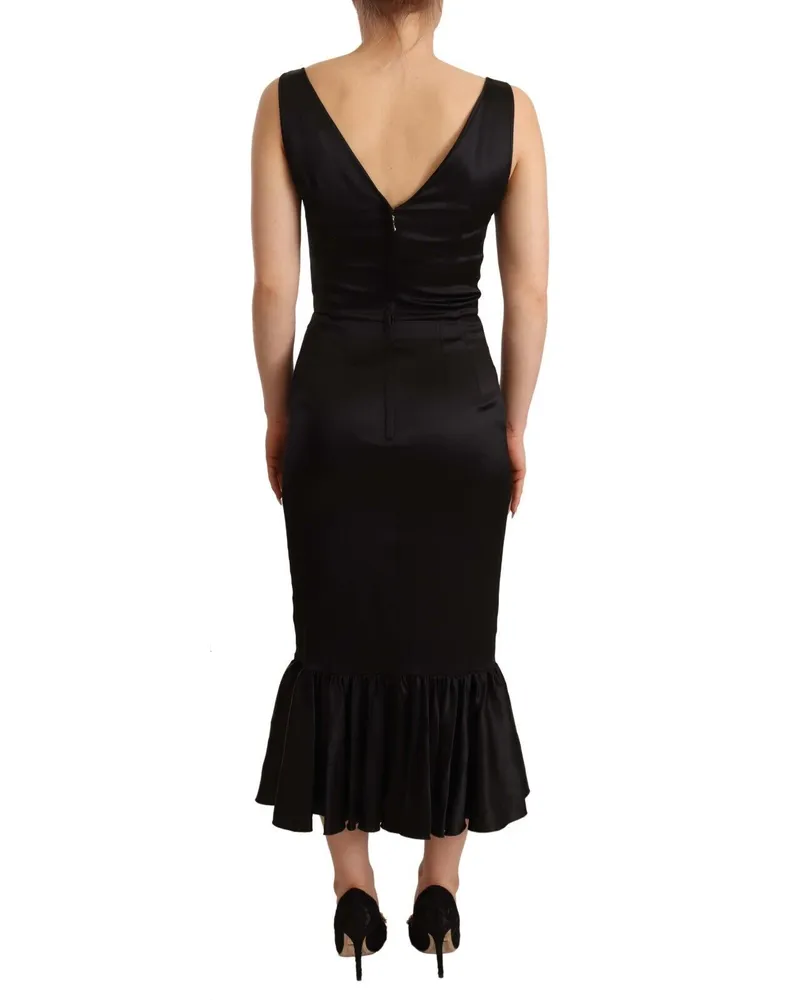Dolce & Gabbana Women Black Silk Stretch Sheath Mermaid Midi Dress Black