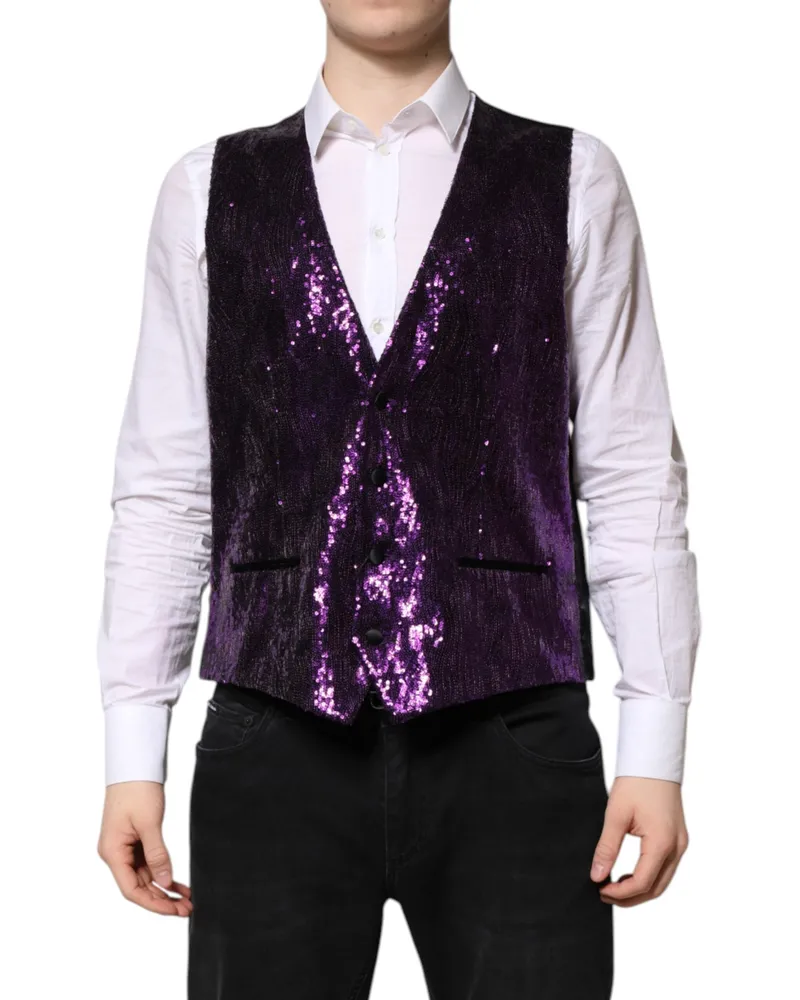 Dolce & Gabbana Men's Purple Sequined Dress Formal Waistcoat Vest Nylon Polyester Silk Elastane Purple