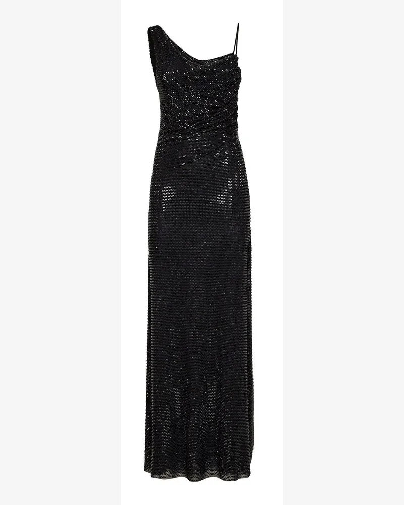 Self-Portrait Rhinestone-Embellished Draped Tulle Maxi Dress — Black Black