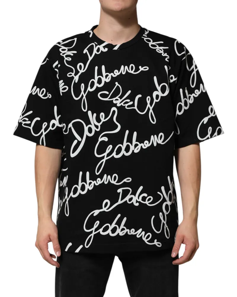 Dolce & Gabbana Men Black Logo Print Cotton Crew Neck T-Shirt Black