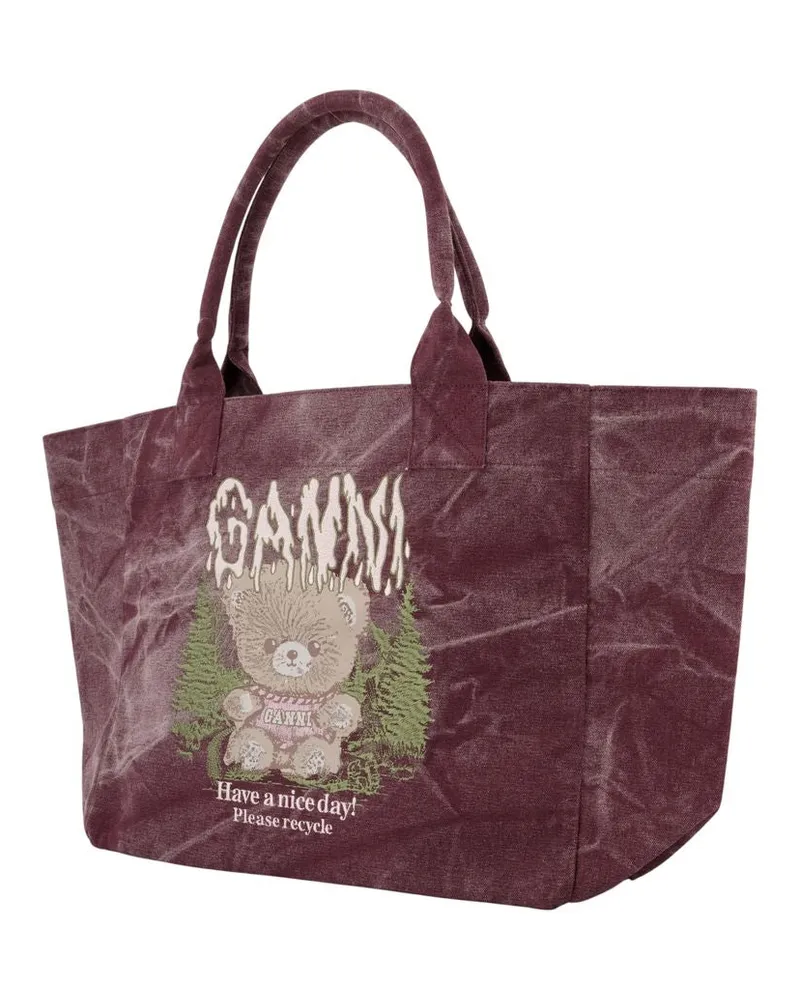 Ganni Printed Cotton Tote Bag — Burgundy Burgundy