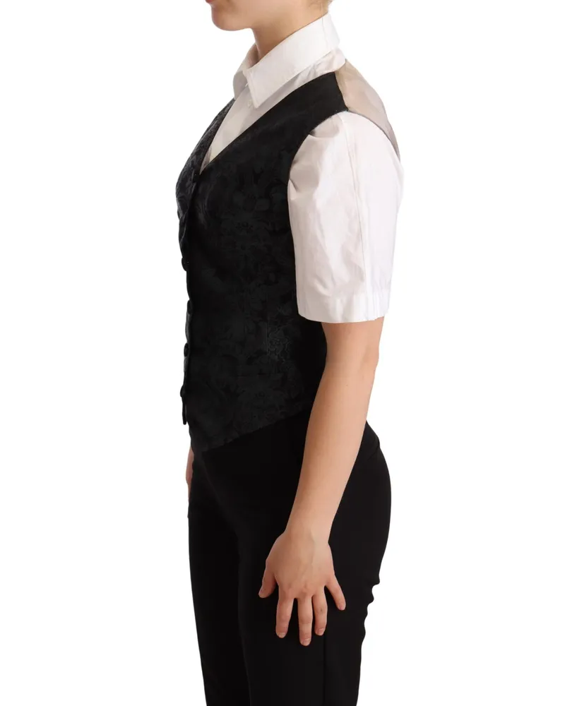 Dolce & Gabbana Women Black Jacquard Floral Waistcoat Vest Green Polyester Nylon P2 Clothing Black