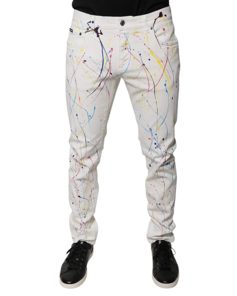 Dolce & Gabbana Men's White Splash Print Skinny Denim Jeans Cotton Elastane Clothing White