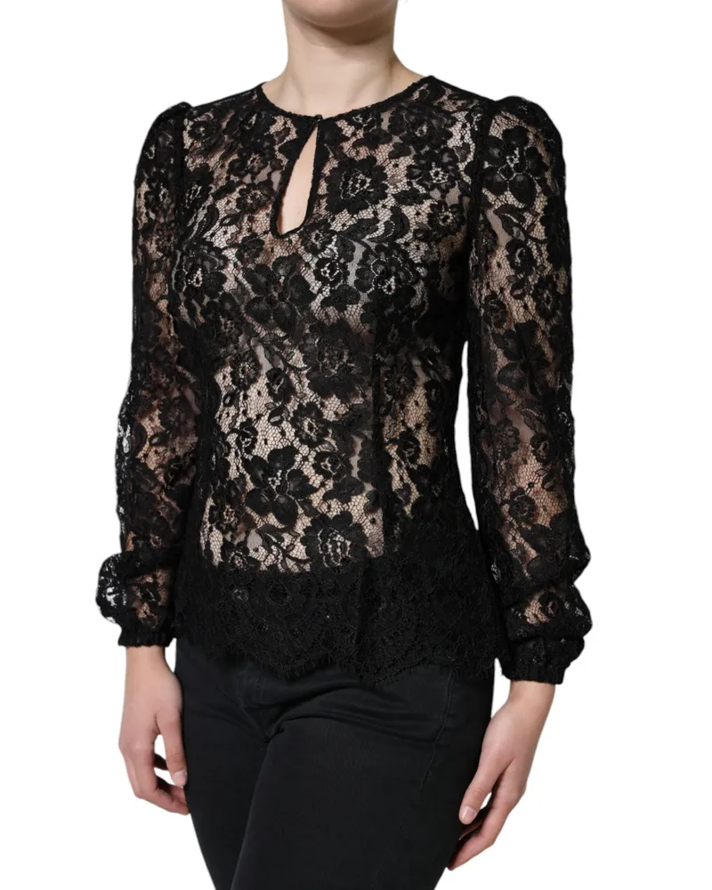 Dolce & Gabbana Women Black Floral Lace See Through Long Sleeve Top Viscose Nylon Black