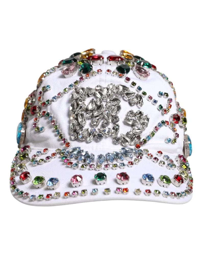 Dolce & Gabbana Men's White Multicolor Crystal Embellish Baseball Cap Cotton Elastane Accessory White