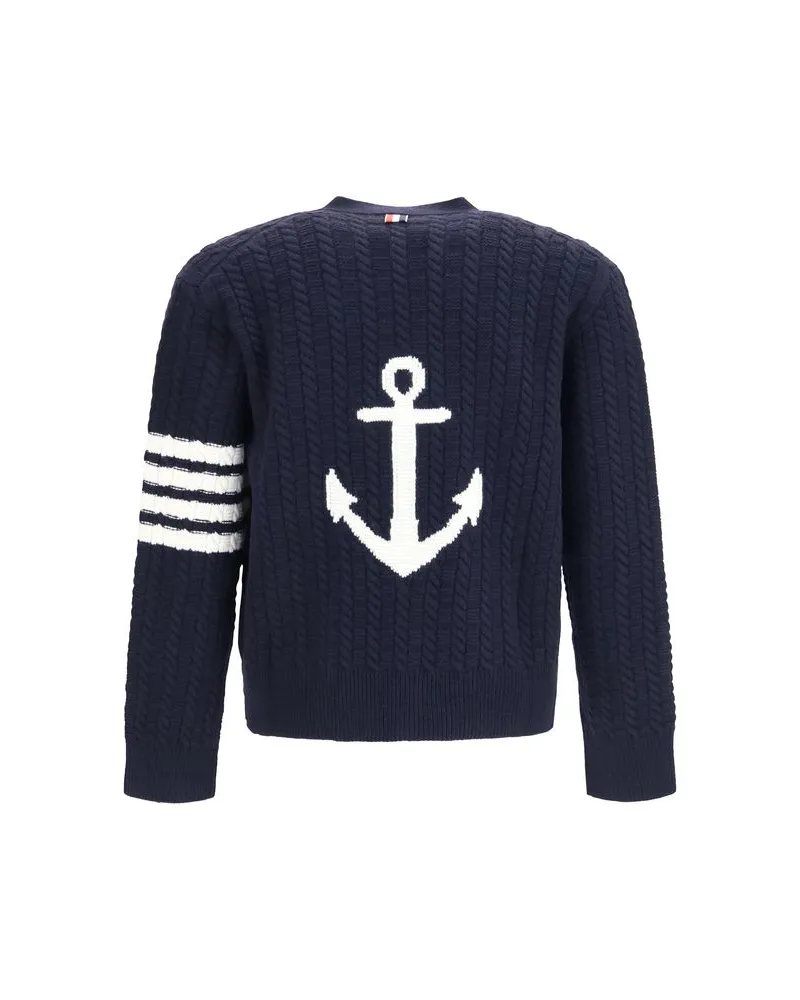 Thom Browne Cable-Knit Wool with Bar Stripe Cardigan — Navy Navy
