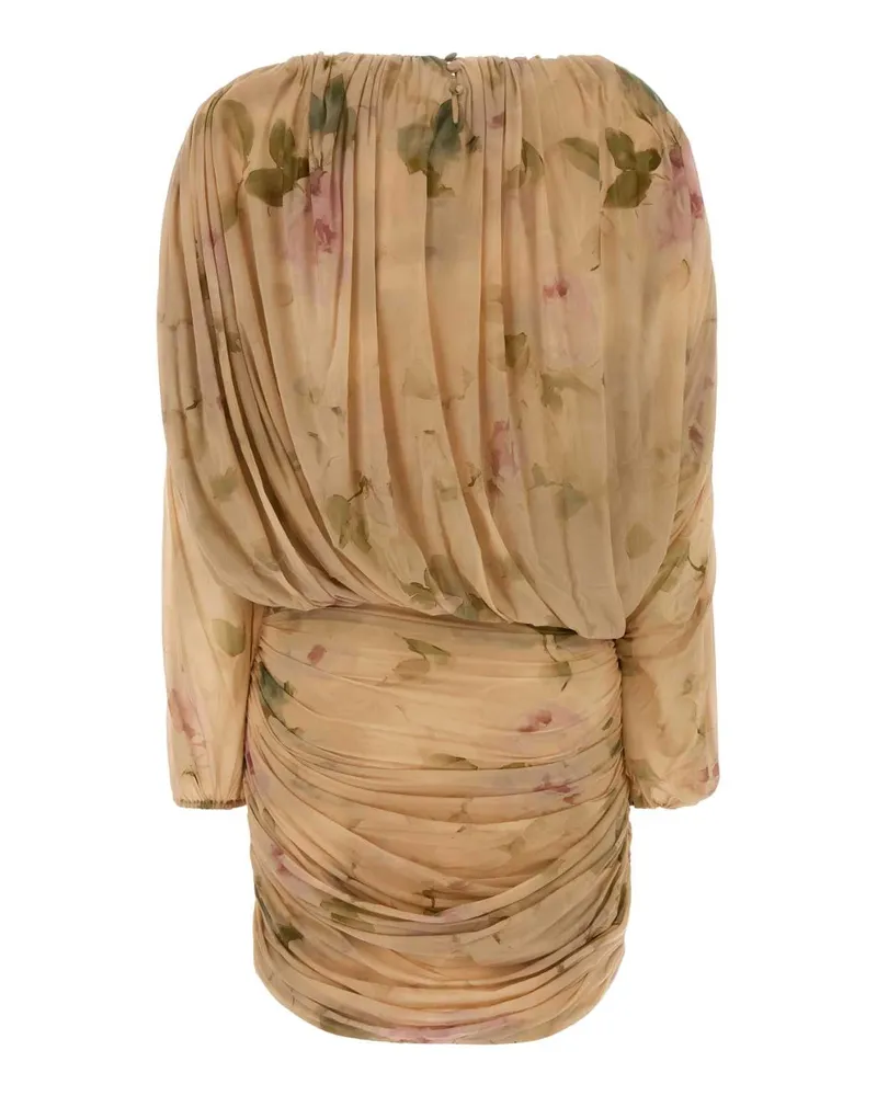 Magda Butrym Pleated Floral-Print Dress — Beige Beige