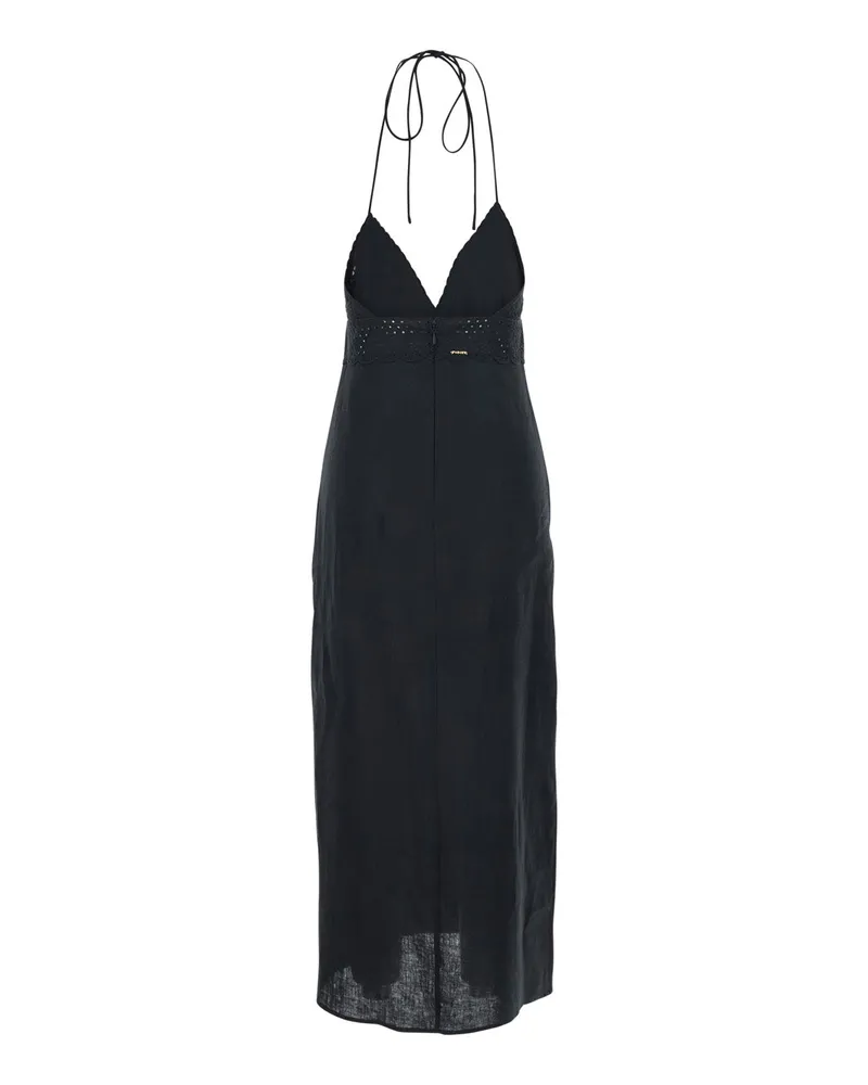 Twin-Set Women's Long Dress Embroidery Black Linen Black