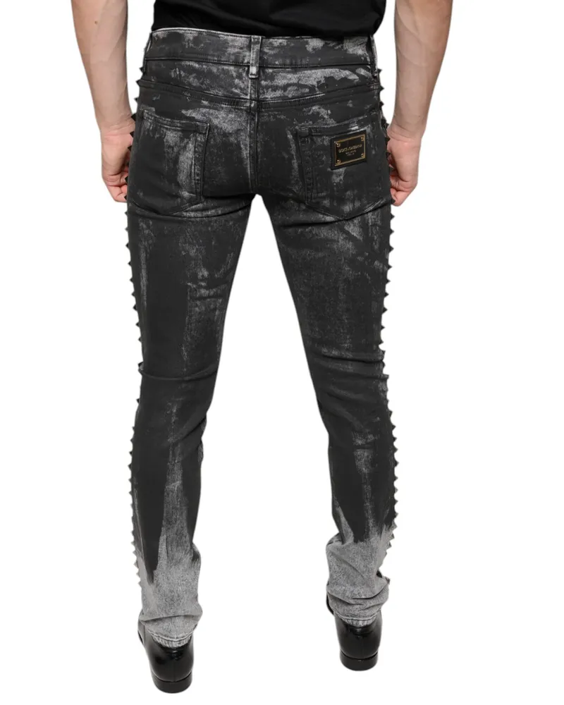 Dolce & Gabbana Men's Black Embellished Cotton Skinny Denim Jeans Elastane Clothing Black