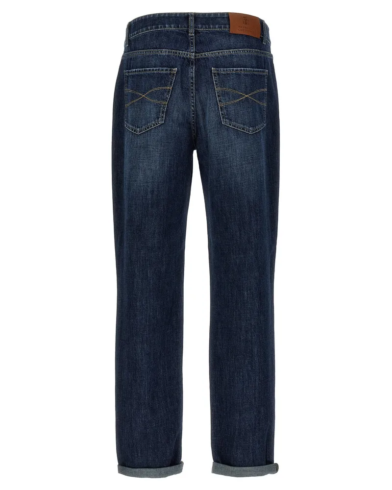 Brunello Cucinelli Logo-Embroidered Cotton Denim Jeans — Navy Navy