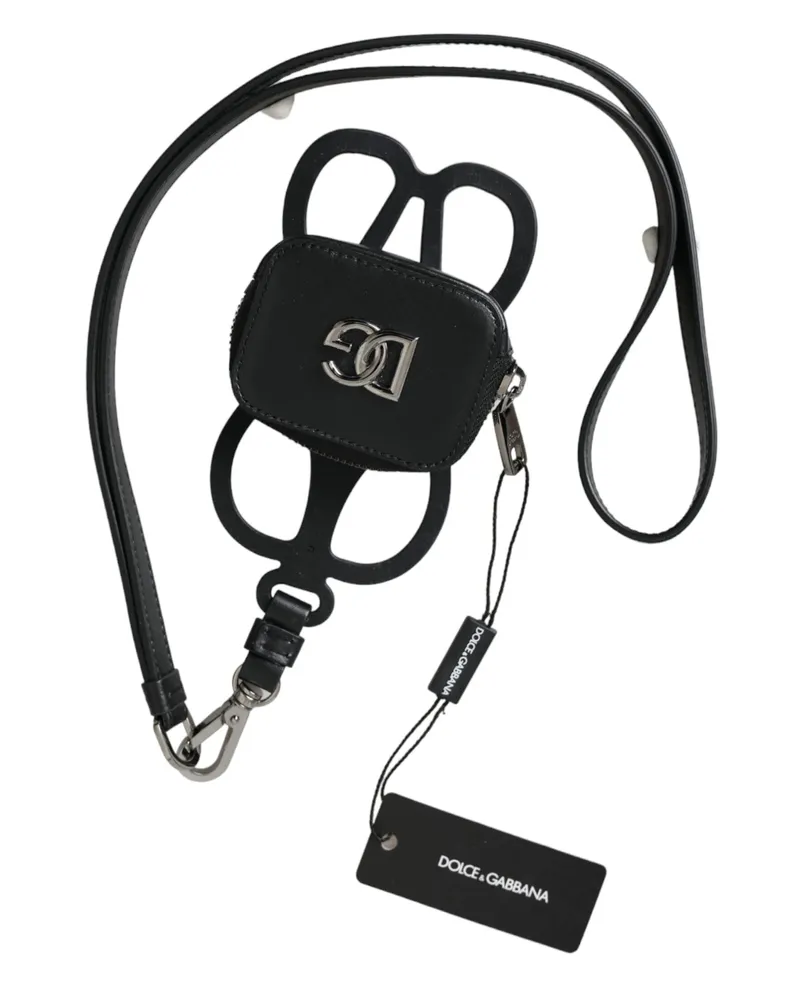 Dolce & Gabbana Men's Black Calfskin Leather Dg Logo Coin Purse Lanyard Wallet Calf Black