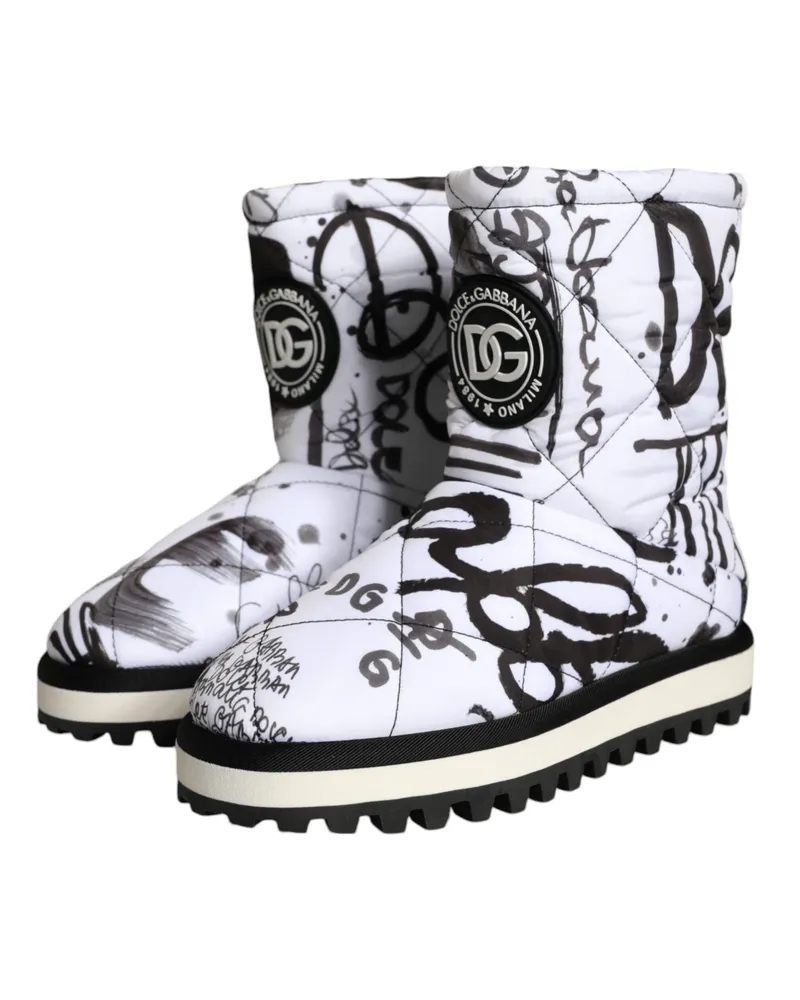 Dolce & Gabbana Women's White Padded Logo Print Mid Calf Boots Shoes Black-White Polyester Black/white White