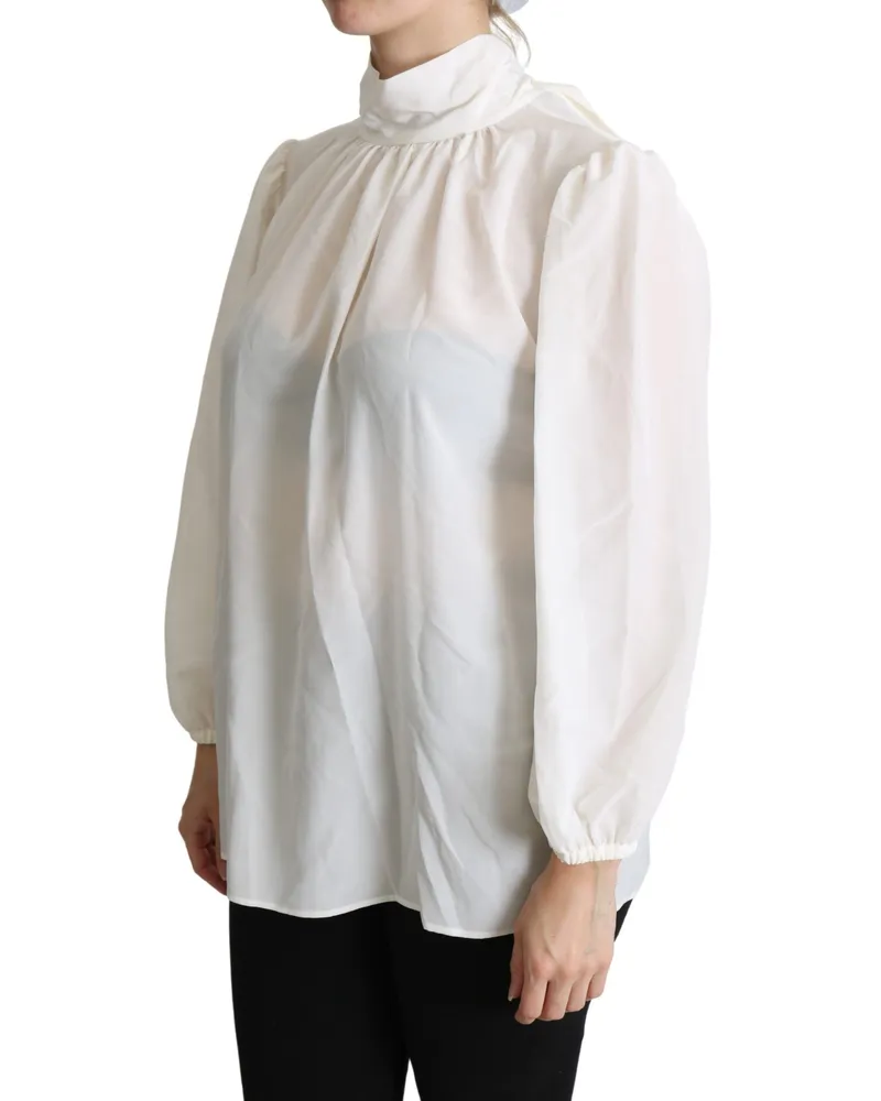 Dolce & Gabbana Women's White Silk Pussy Bow Long Sleeved Top Blouse White