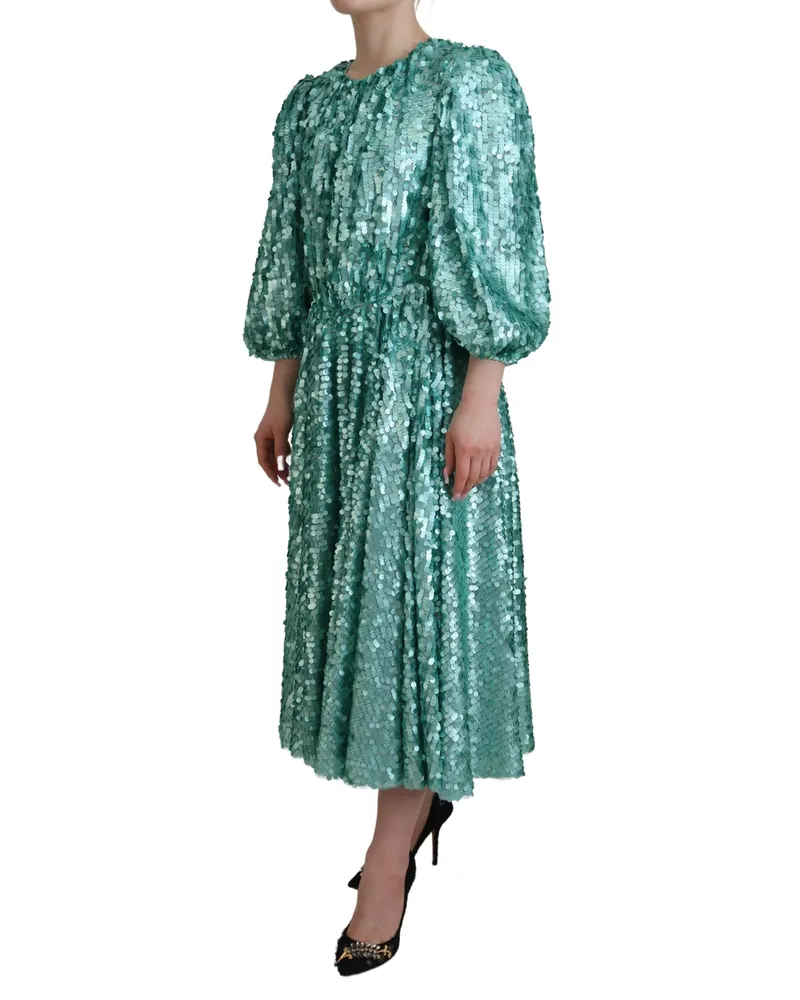 Dolce & Gabbana Women Blue Sequined Pleated Aline Midi Nylon Dress Green