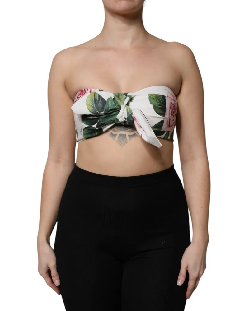 Dolce & Gabbana Women's White Floral Print Cropped Bustier Corset Top Cotton White