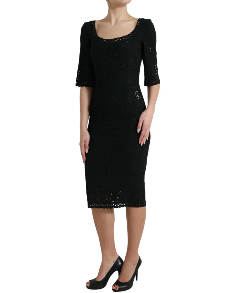Dolce & Gabbana Women Black Floral Lace Viscose Bodycon Midi Dress Acetate Elastane Black