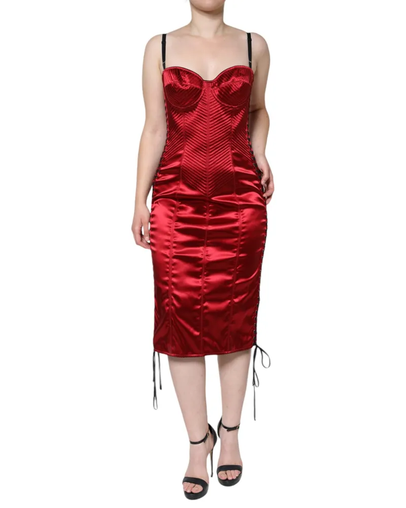 Dolce & Gabbana Women's Red Bustier Corset Lace Bodycon Midi Dress Acetate Nylon Elastane Red