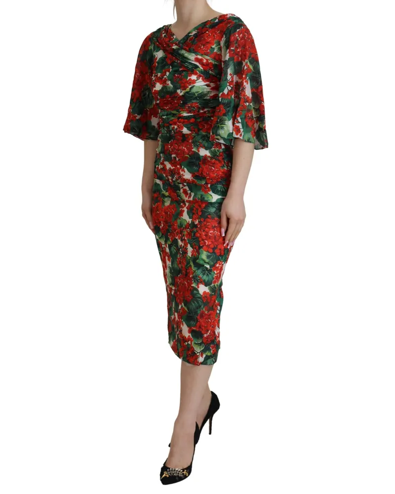 Dolce & Gabbana Women's Multicolor Geranium Silk Sheath Midi Dress Elastane Red