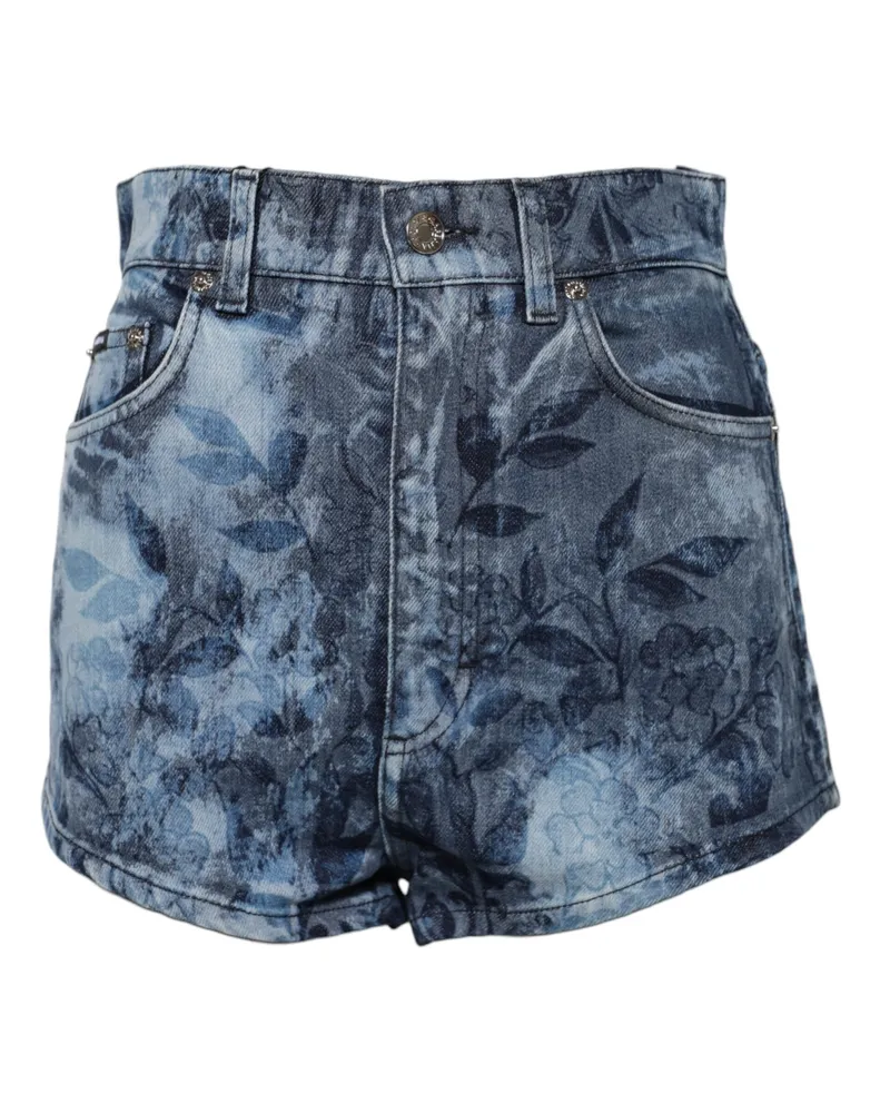 Dolce & Gabbana Women Blue Floral Print Denim Cotton Hot Pants Shorts Black Elastane Blue