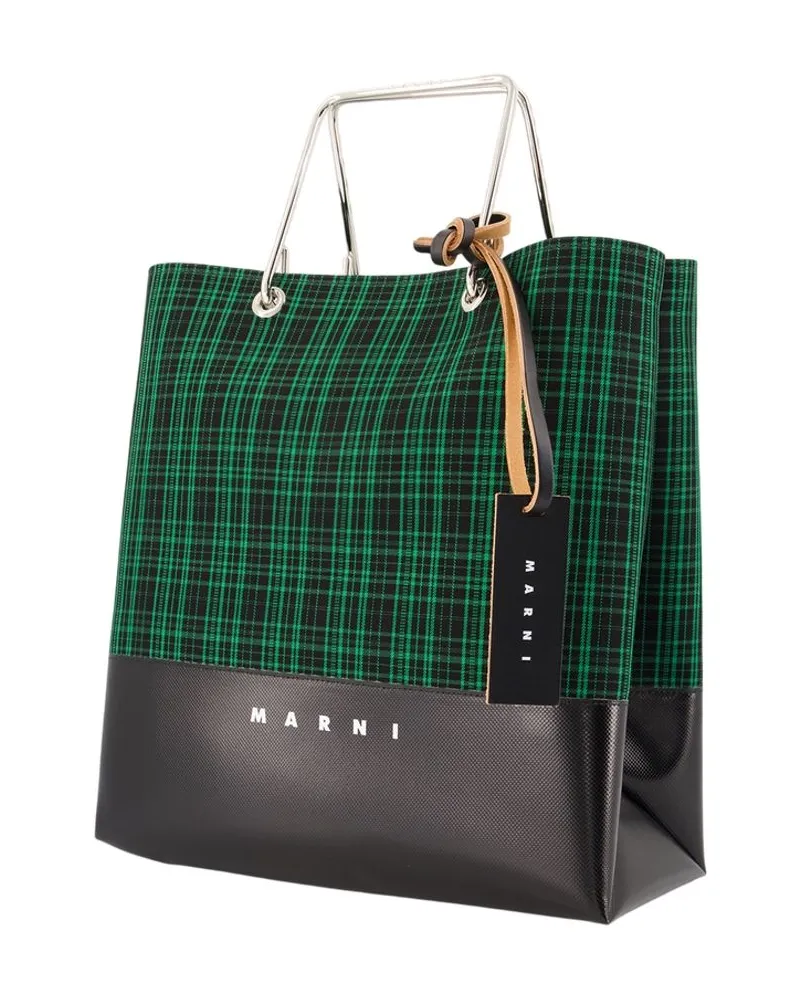 Marni Wool Plaid Colorblock Tote Bag — Green Green