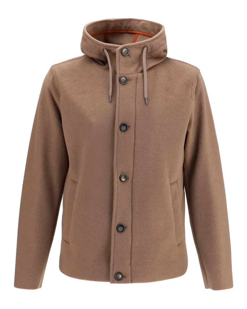 Herno Men's Jacket Hooded Button-Front Dark Taupe Polyester Brown