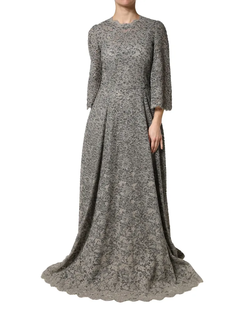 Dolce & Gabbana Women's Gray Lace Long Sleeves Cotton Maxi Dress Gray