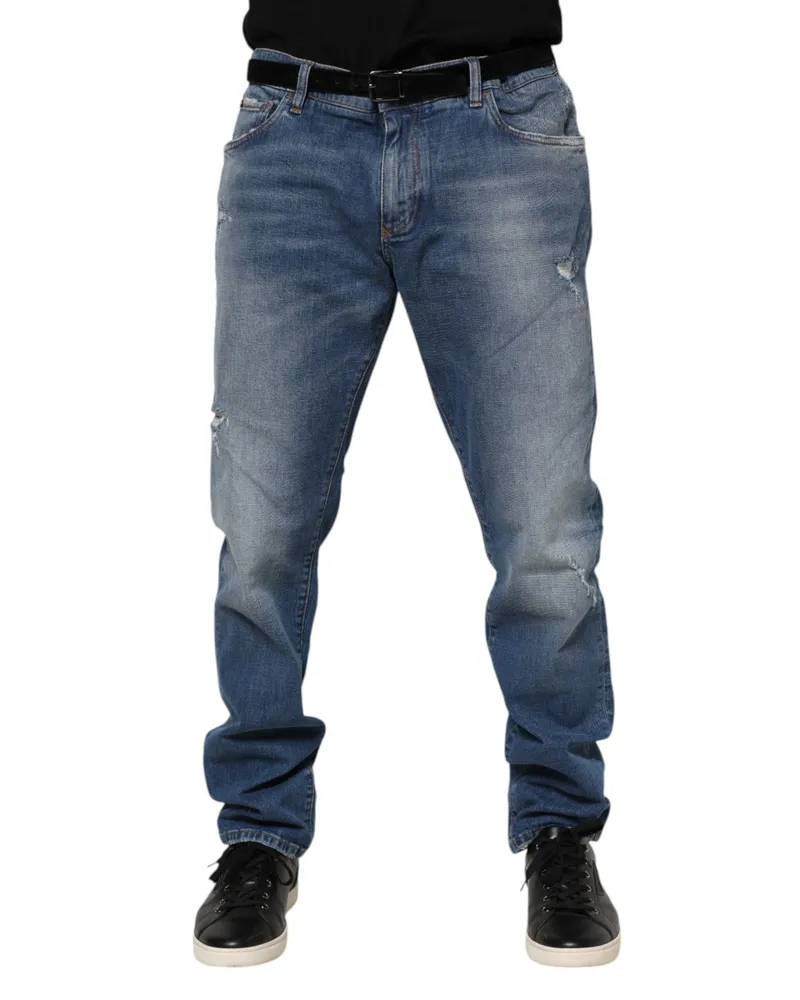 Dolce & Gabbana Men's Blue Washed Cotton Logo Plaque Denim Jeans Elastane Clothing Blue