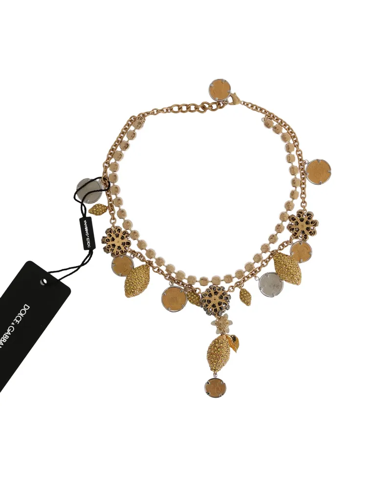 Dolce & Gabbana Women's Gold Brass Crystal Logo Pineapple Statement Necklace Real Gold
