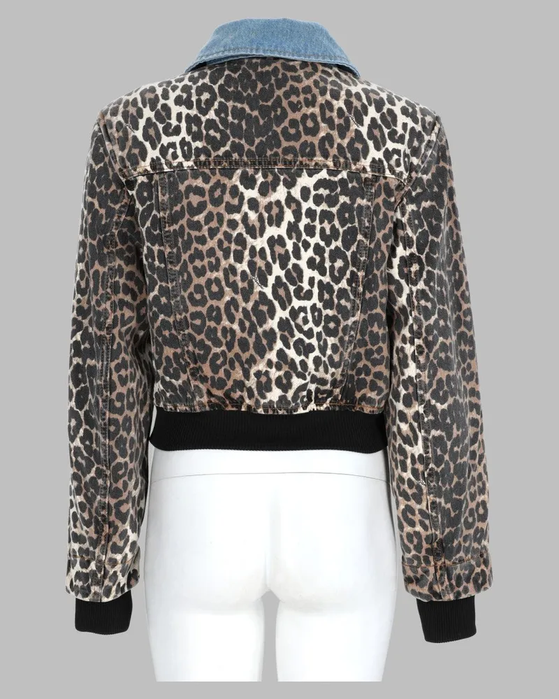 Ganni Leopard-Print Denim Bomber Jacket — Multicolor Multicolor