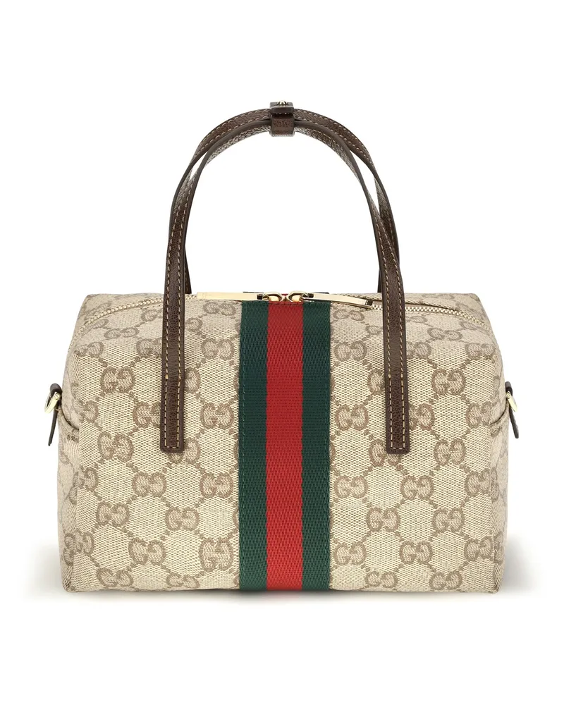 Gucci Women's Mini Boston Handbag With Web Stripe Brown Fabric Handbags Hand Bags Beige