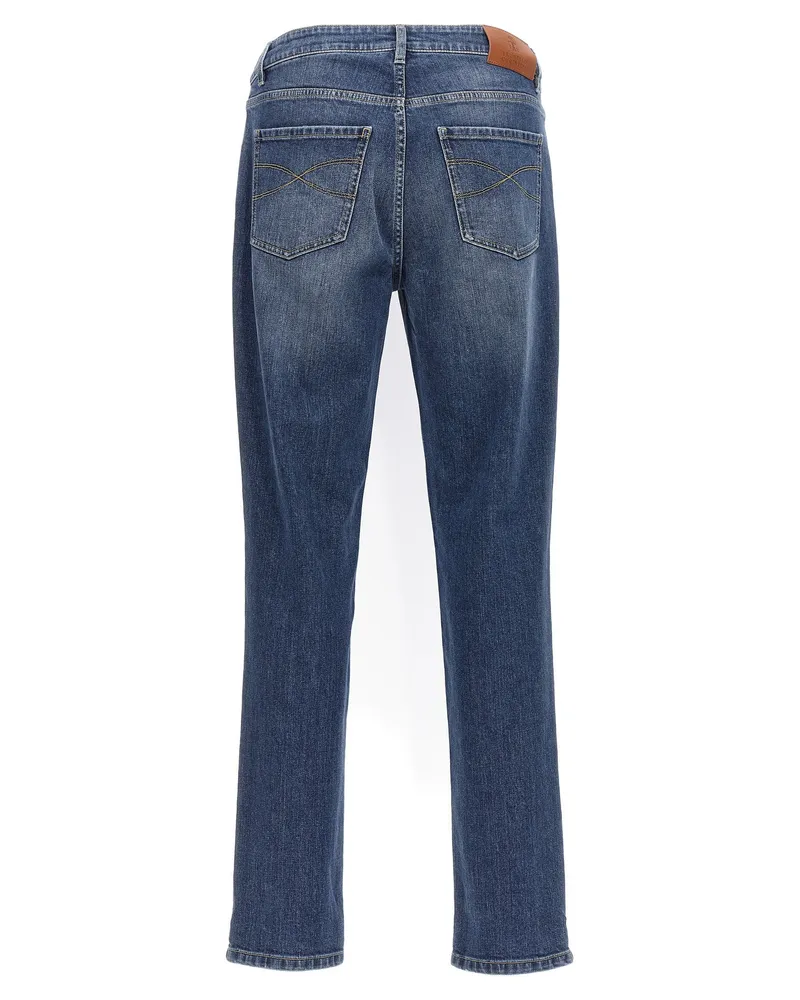 Brunello Cucinelli Logo-Embroidered Stretch Denim Jeans — Blue Blue