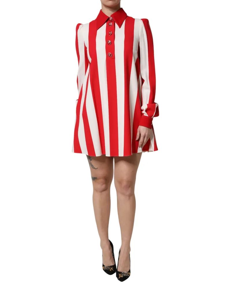 Dolce & Gabbana Women's White Red Stripes Long Sleeves Mini Dress And Viscose Acetate Elastane Red