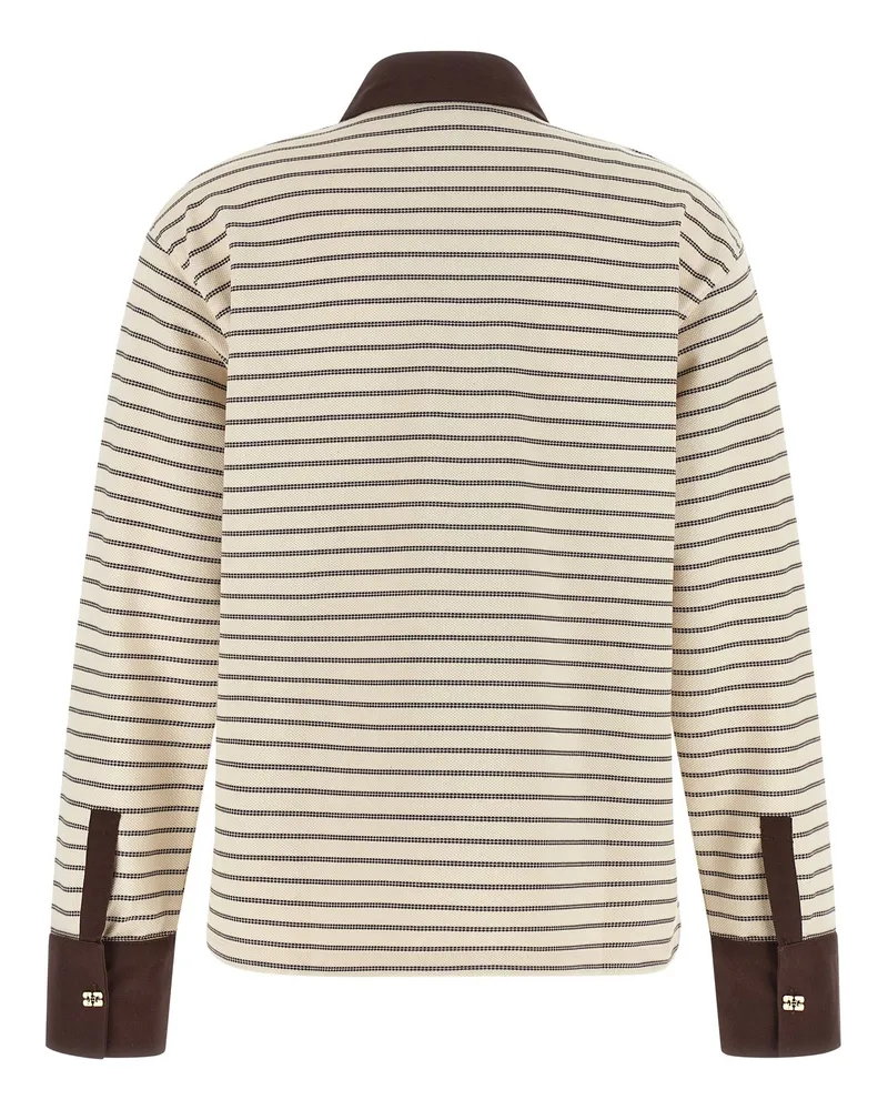 Ganni Striped Cotton Piquet Polo Shirt — Cream Cream