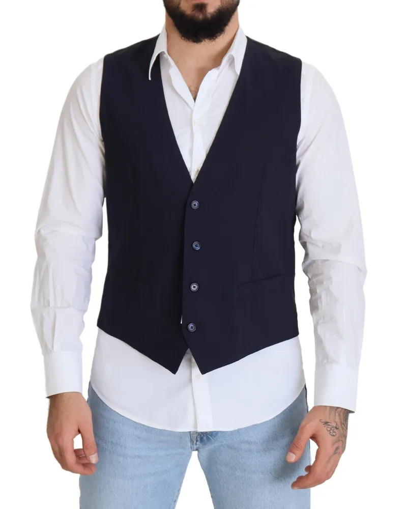 Dolce & Gabbana Men's Dark Blue Wool Stretch Waistcoat Formal Vest Virgin Elastane Clothing Navy