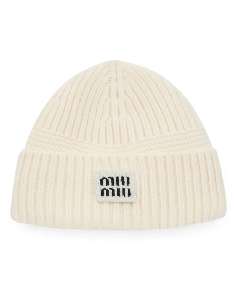 Miu Miu Women's Knitted Hat With Logo White Virgin Wool White